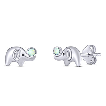 Elephant Designer Finish Animal Stud Earring Created White Opal Solid 925 Sterling Silver (6.4mm)